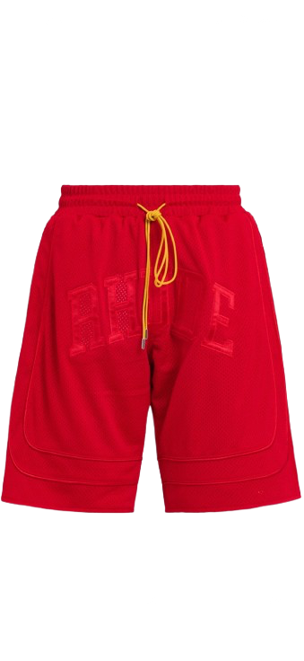 Rhude Baggy Mesh Collegiate Logo Shorts - Red - Front View White Background