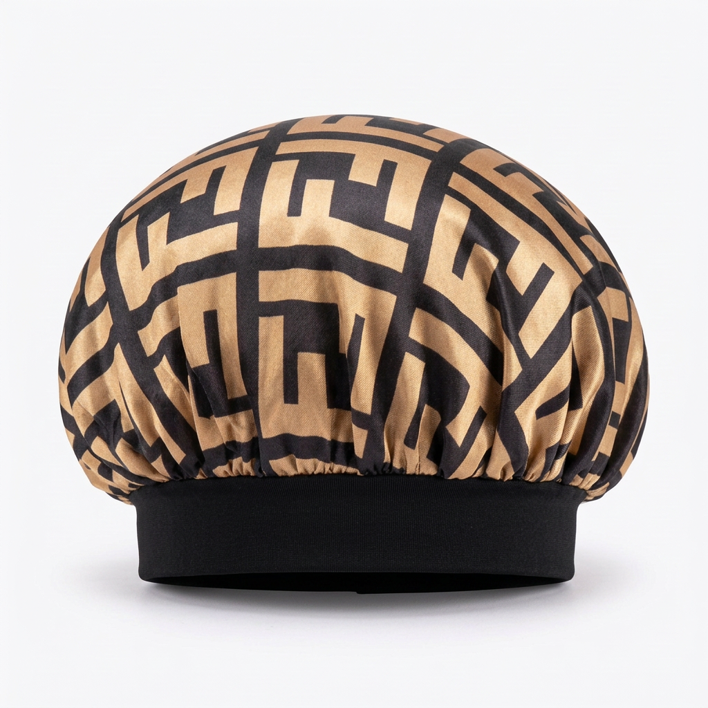 Side view of gold and black geometric print hair bonnet with solid black headband on a white background