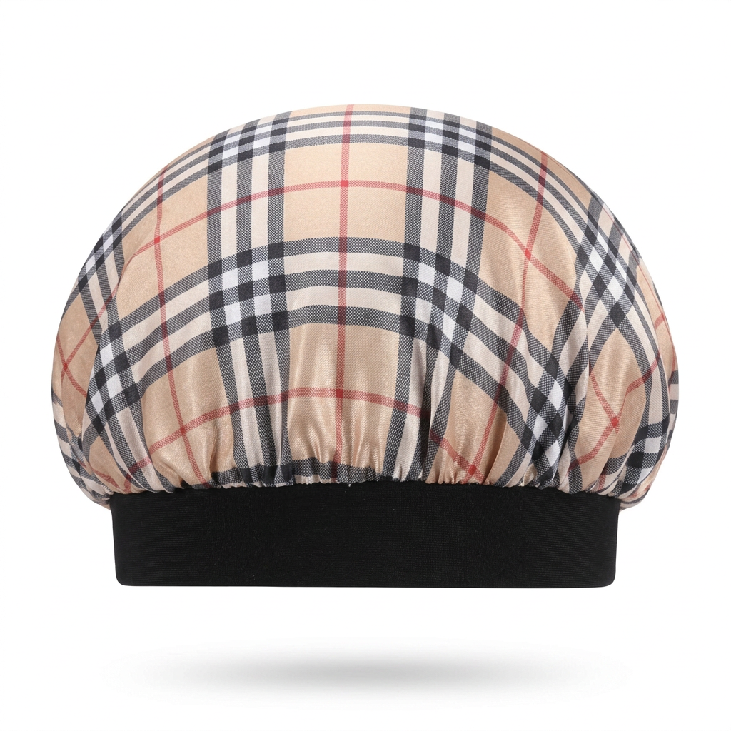 Side view of tan, black and red plaid hair bonnet with solid black headband on a white background