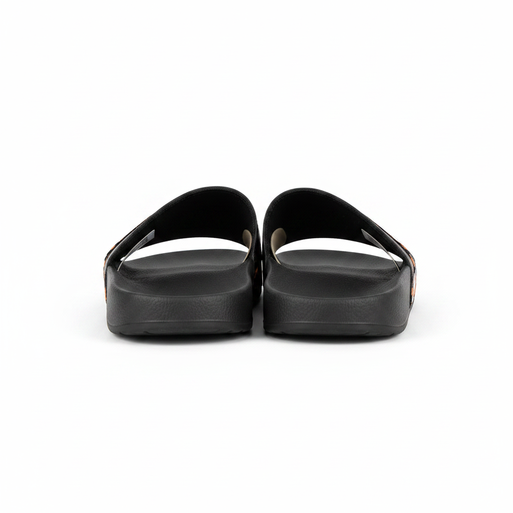 Ethika Orange Tiger Black Premium Slides back view on white background