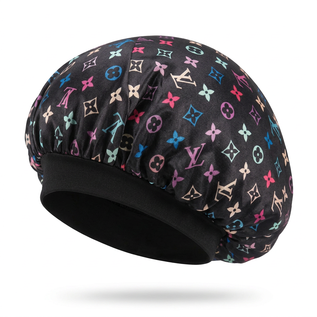 Rear-angle view of black multicolor monogram hair bonnet with solid black headband on a white background