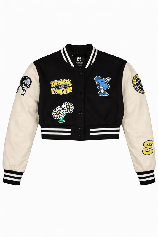 Women's Cropped Varsity Jacket Black/Cream Multi