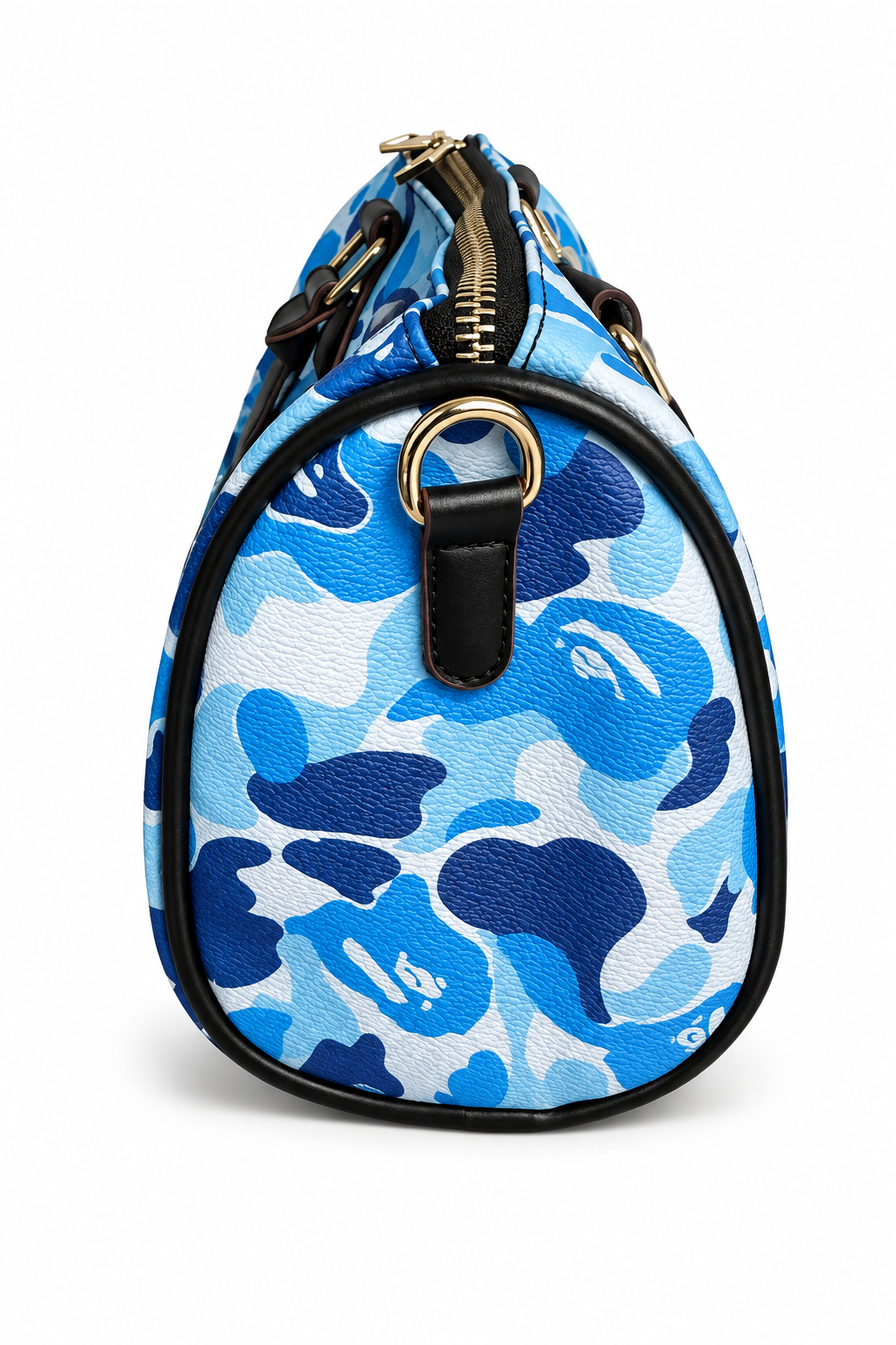 Edited side view of blue camouflage bag on white background