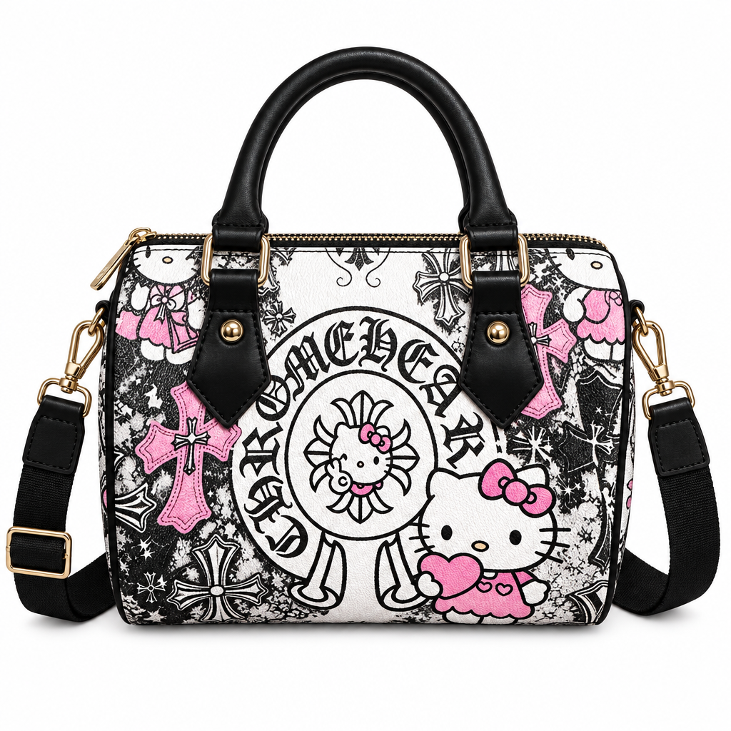 Digitally edited front view of graphic pillow bag with added black strap on white background