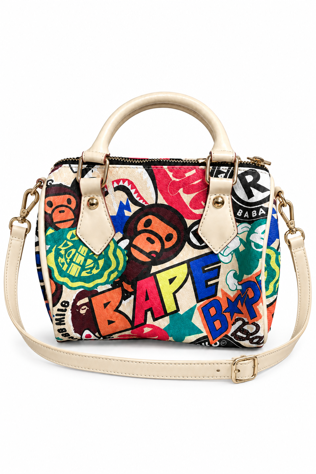 Colorful mini satchel with cream-colored shoulder strap on white background; digitally edited image