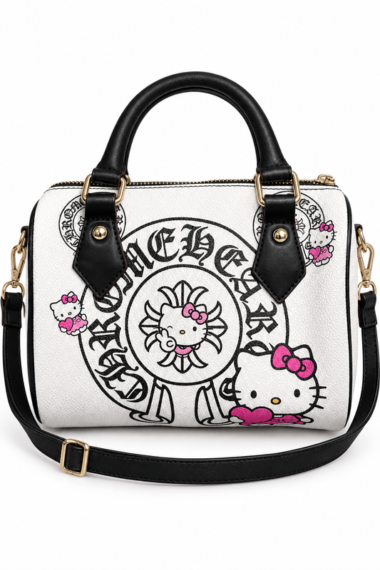 Digitally edited white graphic pillow bag front with black shoulder strap on white background; lettering may differ from original