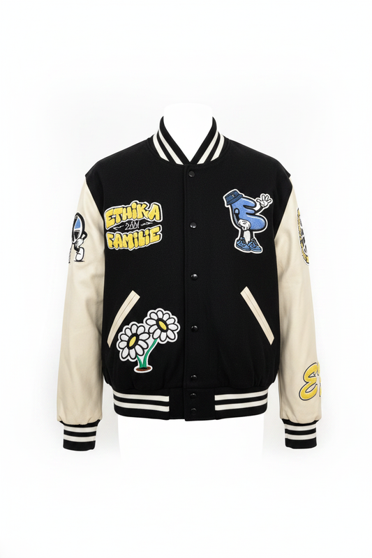 Ethika Famille Men's Varsity Jacket Black White front view ghost mannequin
