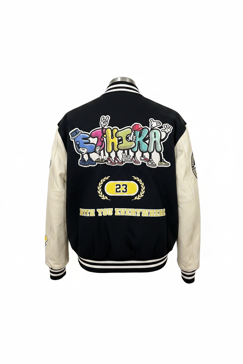 Ethika Famille Men's Varsity Jacket Black White back view ghost mannequin