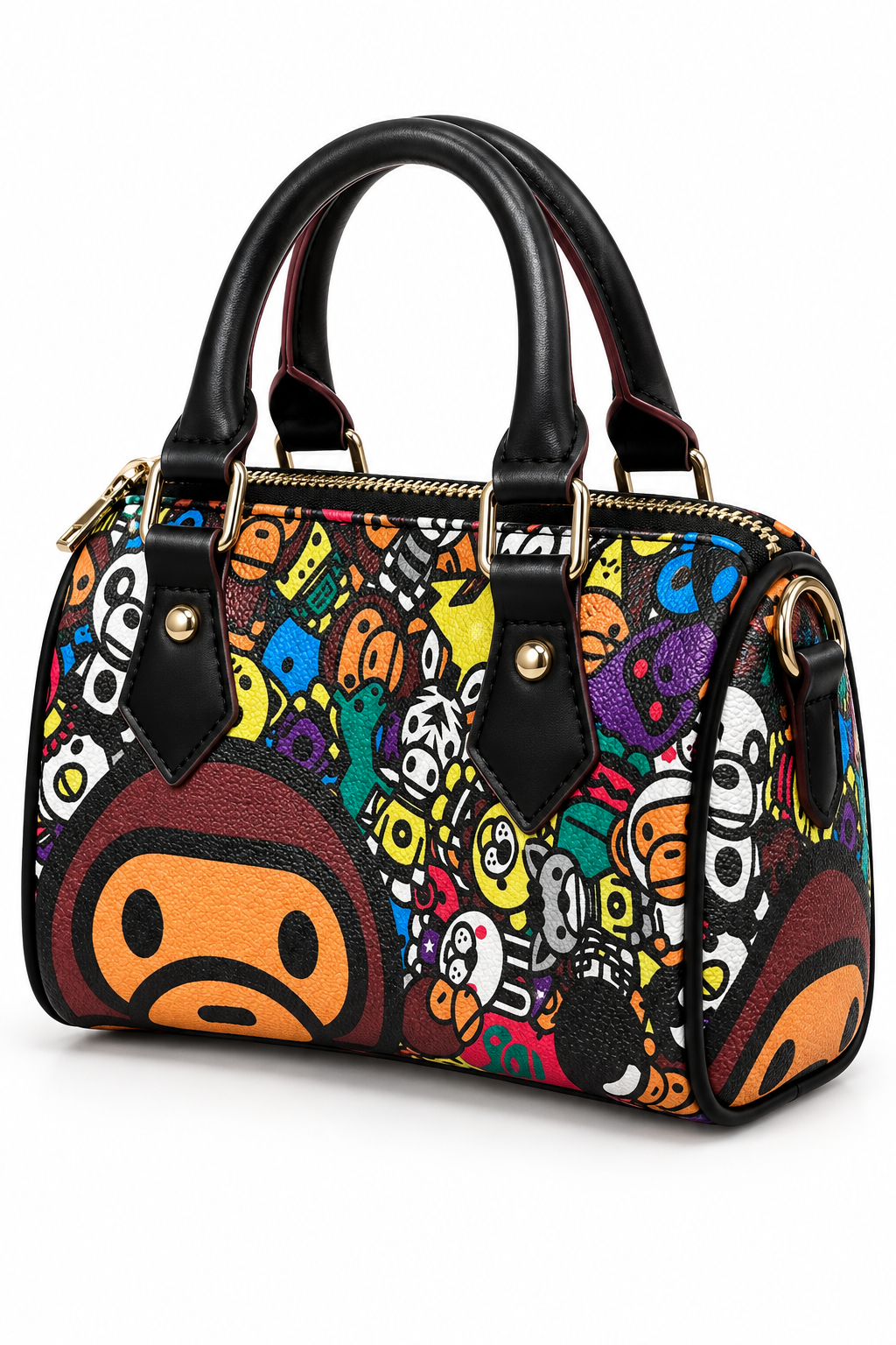 Digitally generated three-quarter view of multicolor ape print pillow bag on white background