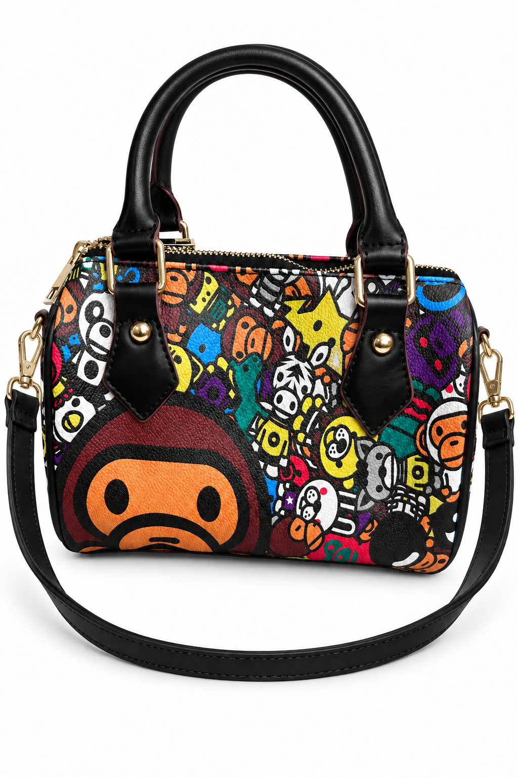 Digitally edited front view of multicolor ape print pillow bag with black shoulder strap and unwrapped handles on white background