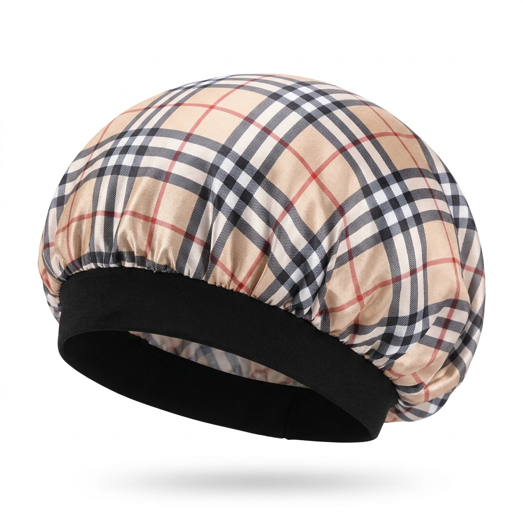 Beige plaid hair bonnet with solid black headband on a white background