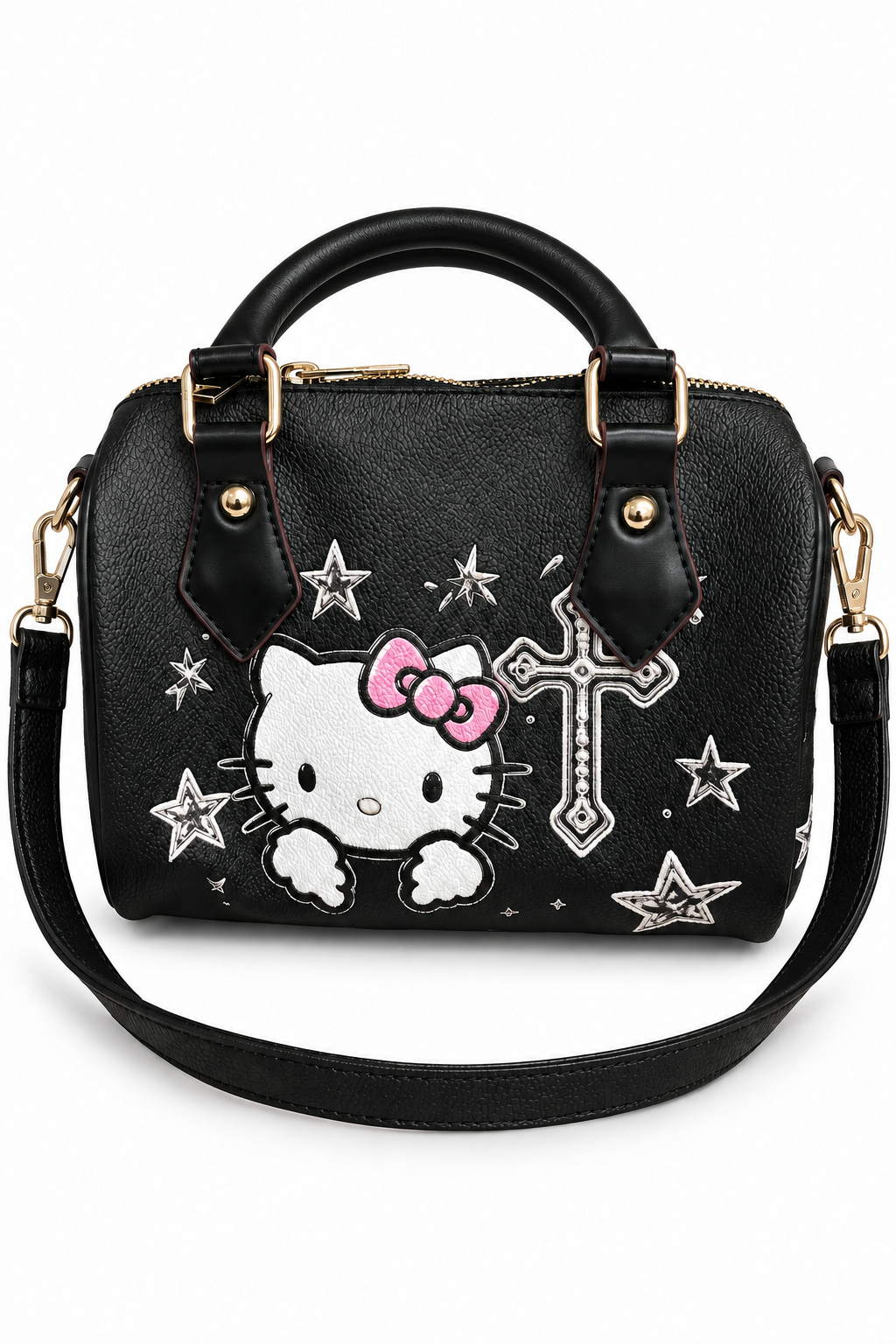 Edited front view of black Hello Kitty pillow bag with unwrapped handles and black shoulder strap on white background
