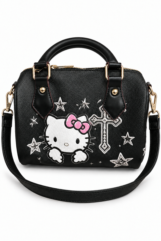 Edited front view of black Hello Kitty pillow bag with unwrapped handles and black shoulder strap on white background