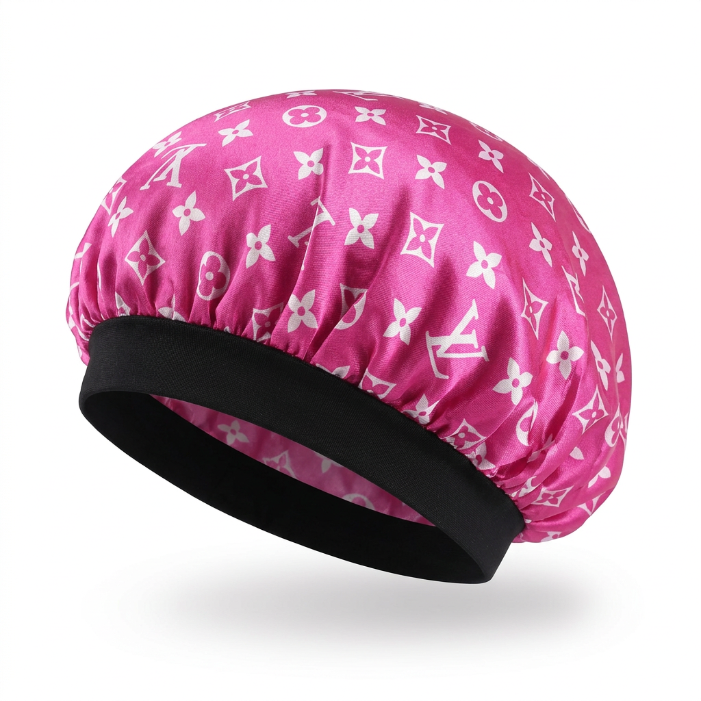 Pink monogram hair bonnet with black band on white background