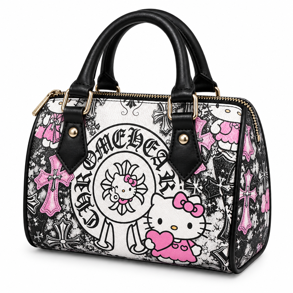 Digitally generated three-quarter view of graphic pillow bag on white background