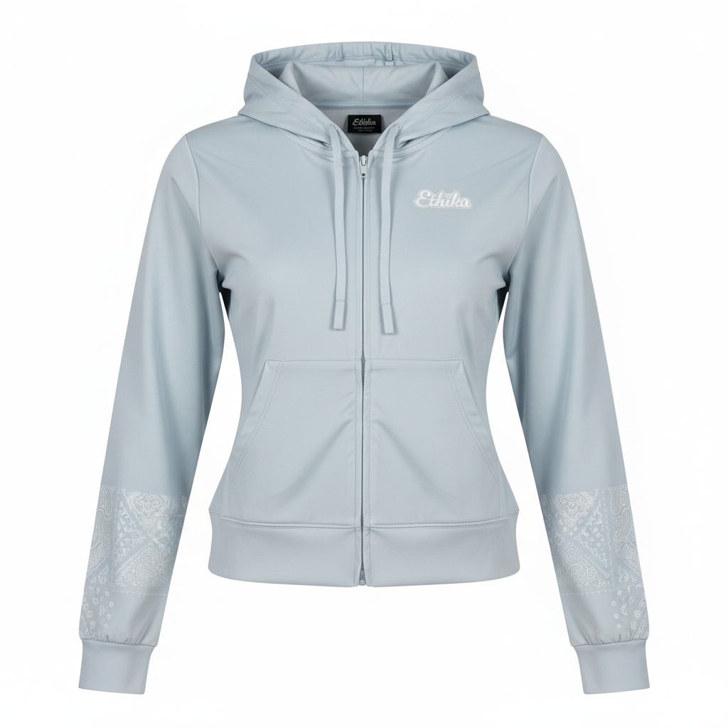 Women's fitted zip hoodie detail view white background