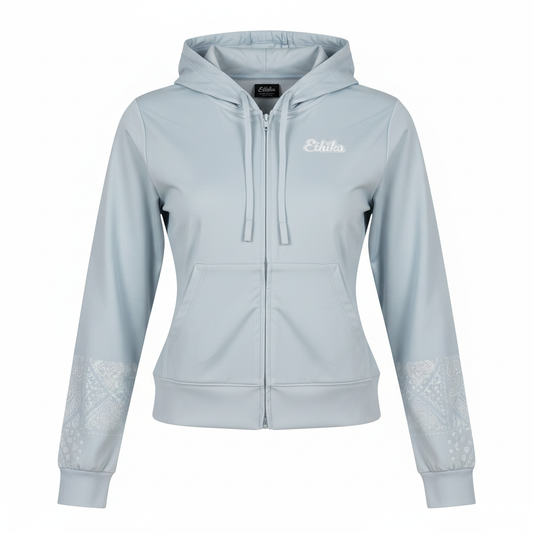 Women's fitted zip hoodie detail view white background