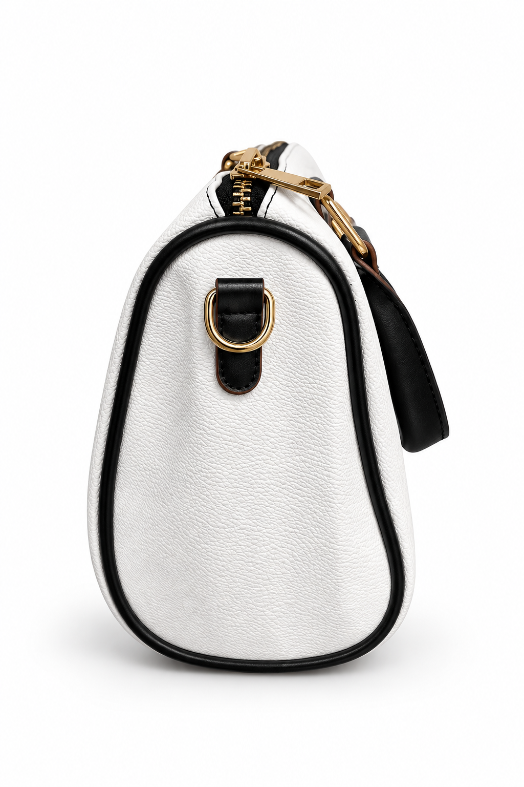 Digitally edited side of white pillow bag with black piping on white background