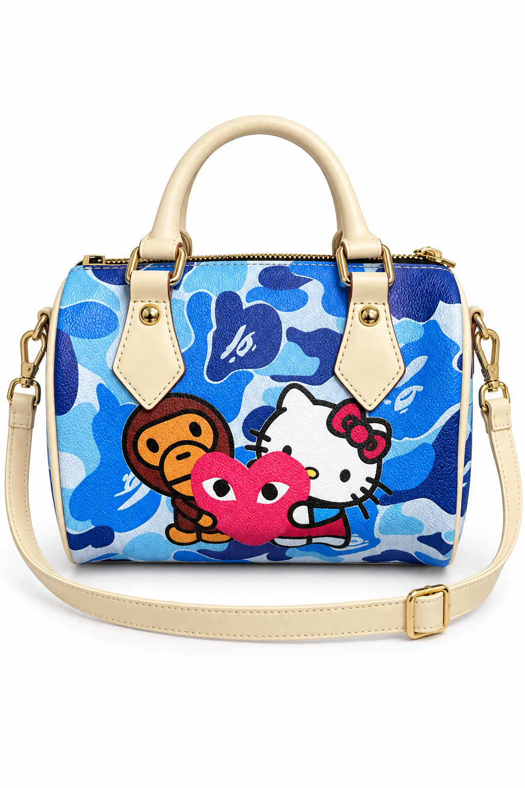 Edited front of blue camouflage character pillow bag with digitally added cream strap on white background