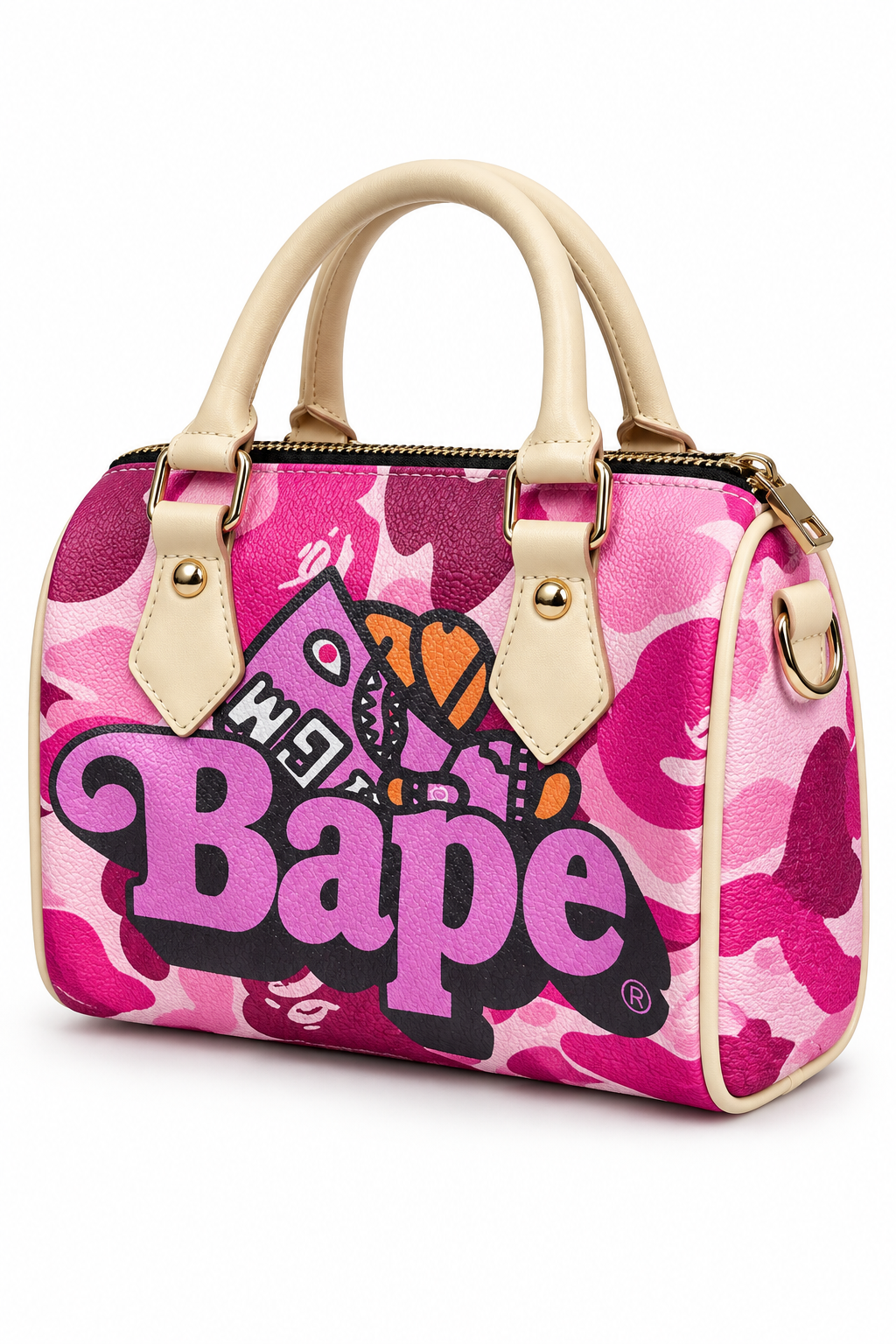 Digitally created three-quarter view of pink camouflage pillow bag on white background