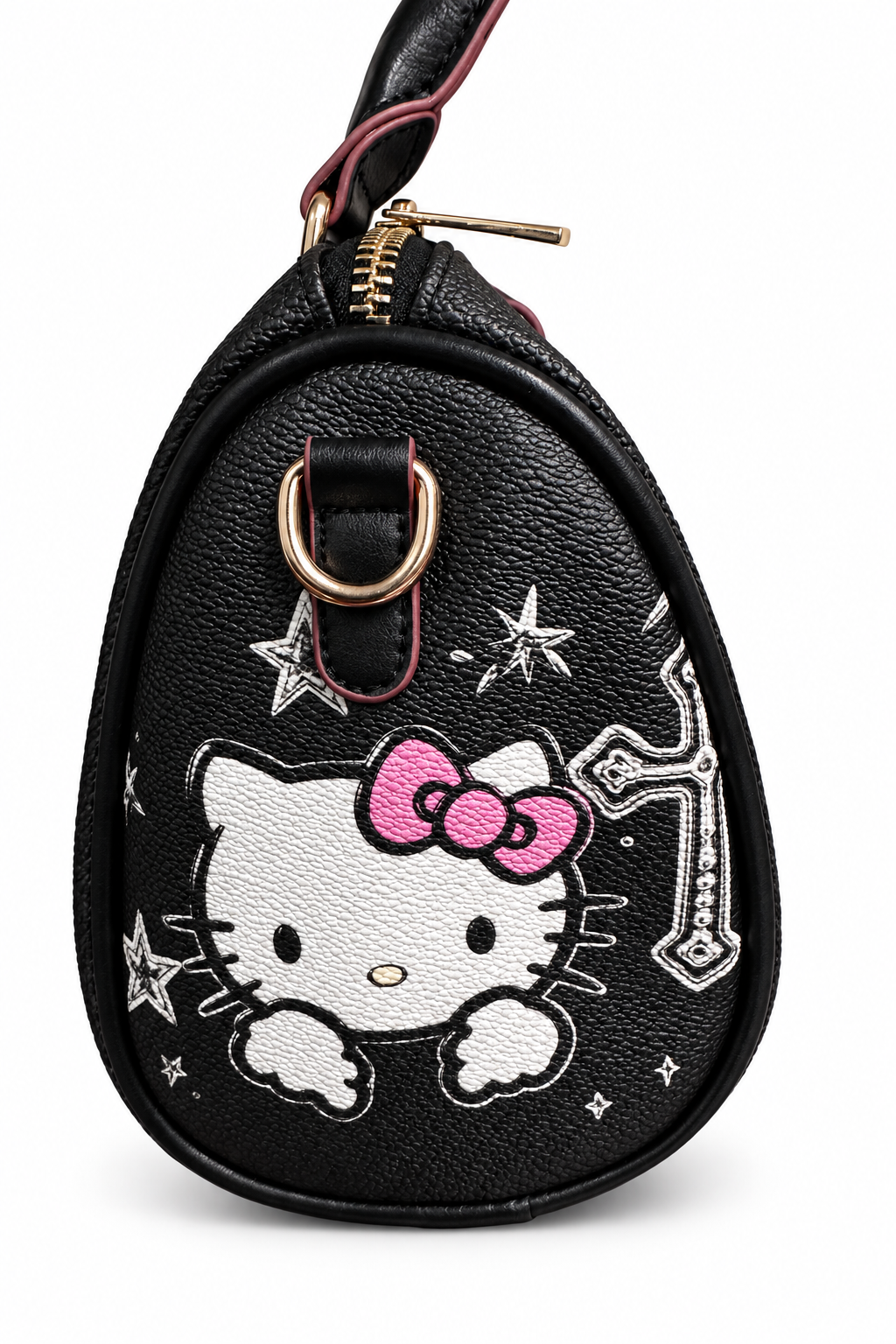 Side view of black Hello Kitty pillow bag on white background, digitally edited from product photo