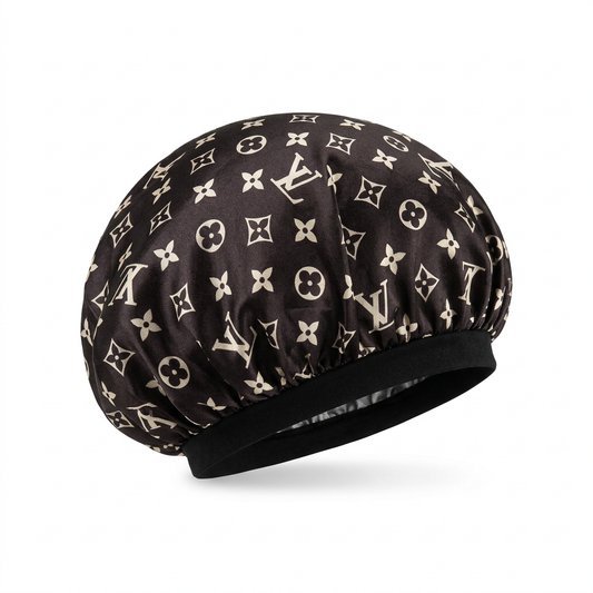 Dark monogram hair bonnet in a rounded three-quarter view on a white background