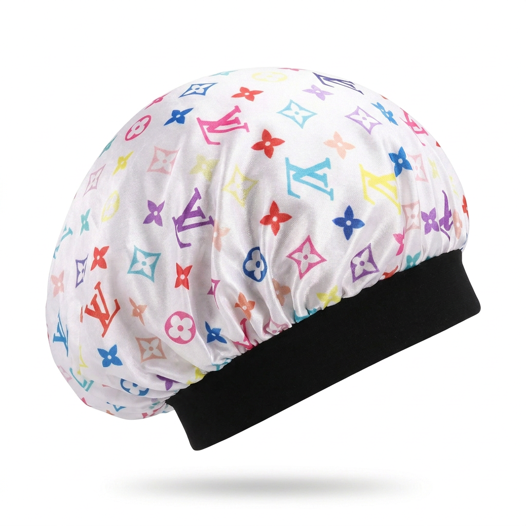 Side view of a white multicolor monogram hair bonnet with a wide black band on a white background