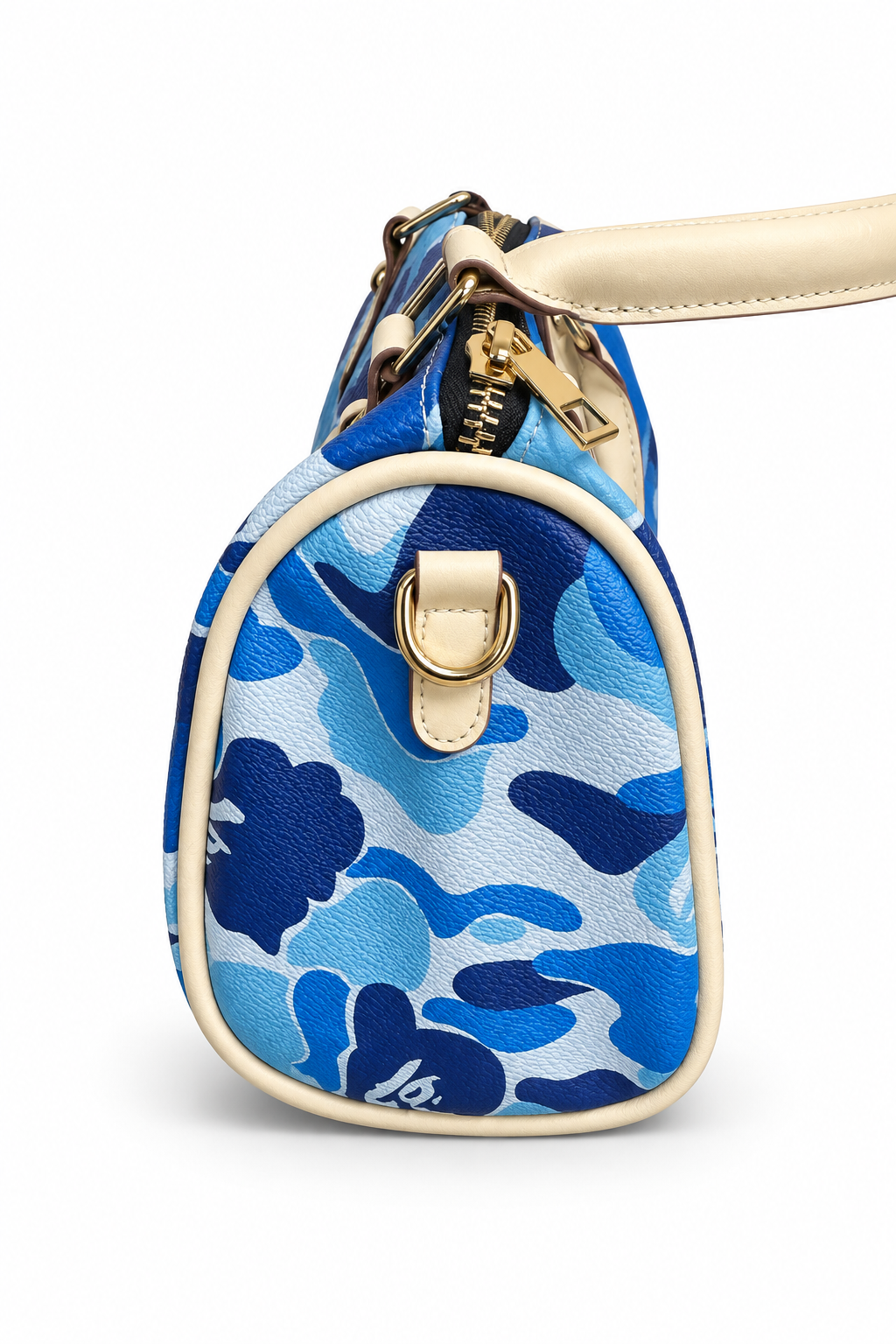Edited side of blue camouflage pillow bag on white background