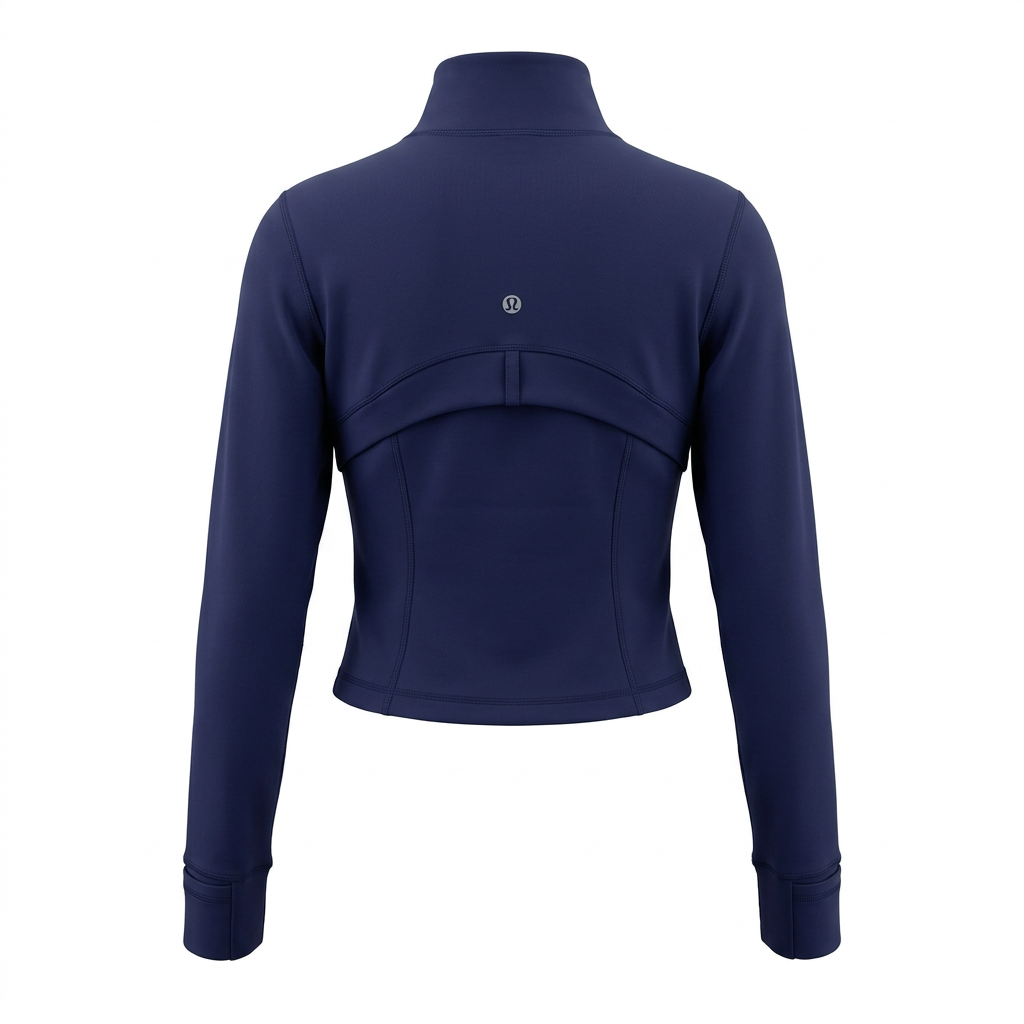 Back view of navy cropped zip jacket on a white background
