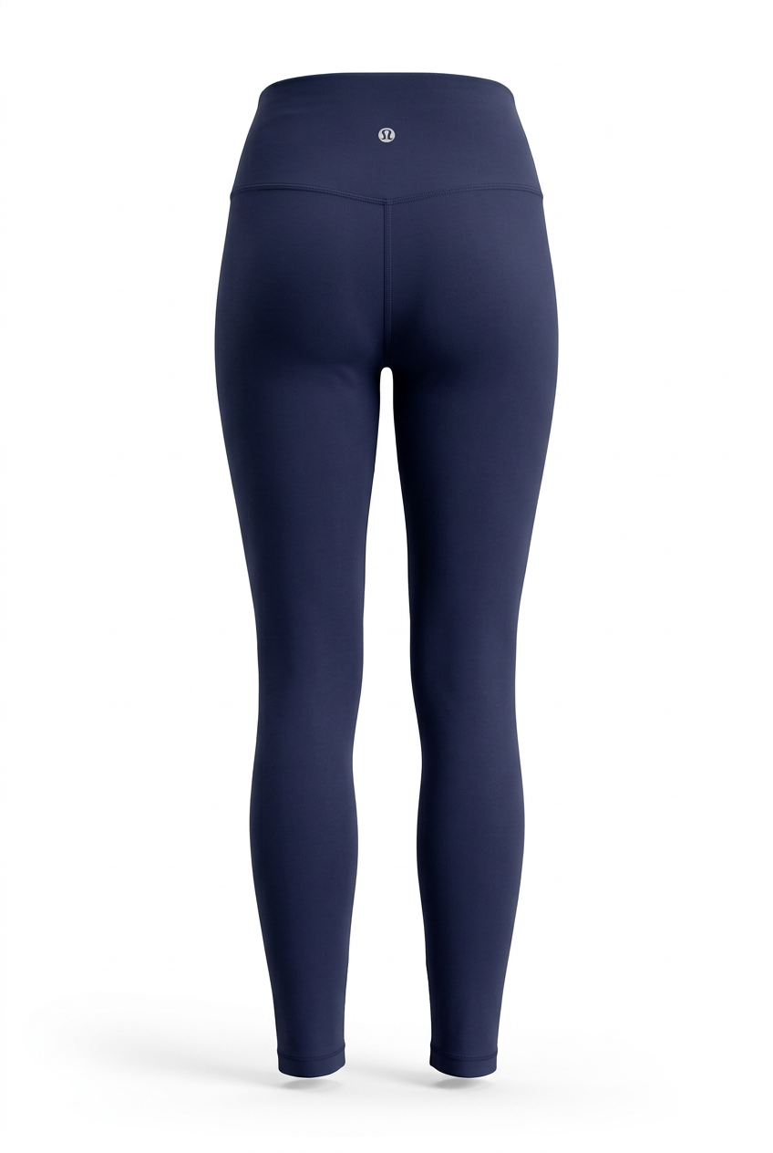 Back view of navy high-rise leggings on a white background