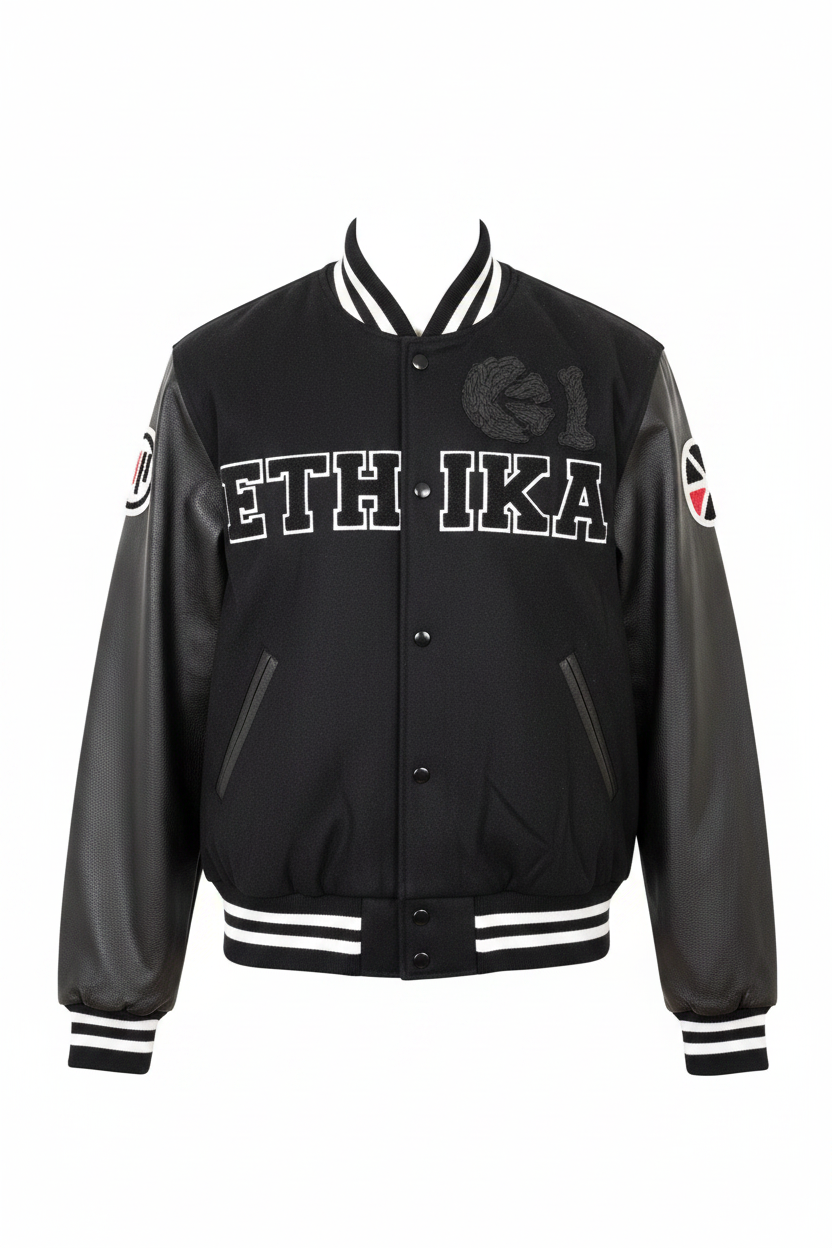 Ethika Men's Varsity Jacket Black front view ghost mannequin