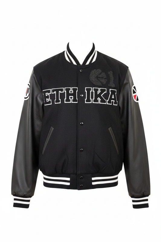 Ethika Men's Varsity Jacket Black front view ghost mannequin