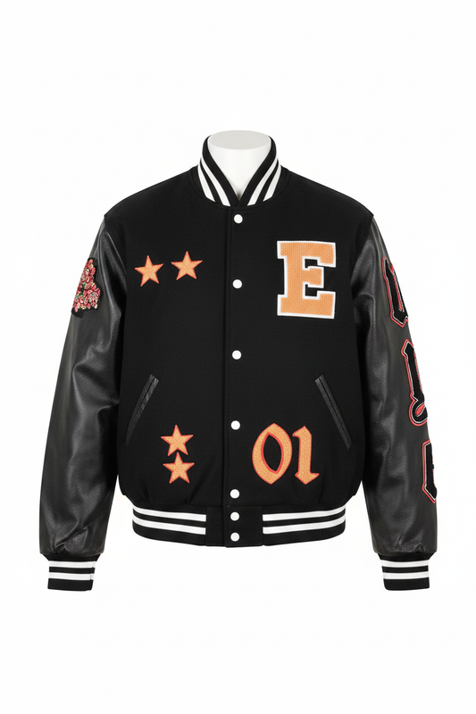 Ethika Men's Varsity Jacket Black Orange Multi front view ghost mannequin