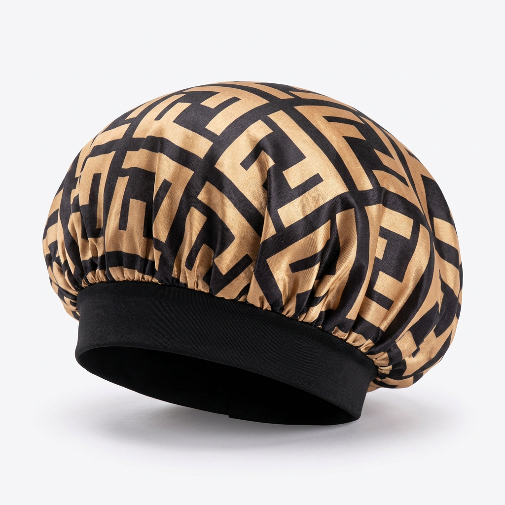 Gold and black geometric print hair bonnet with solid black headband on a white background
