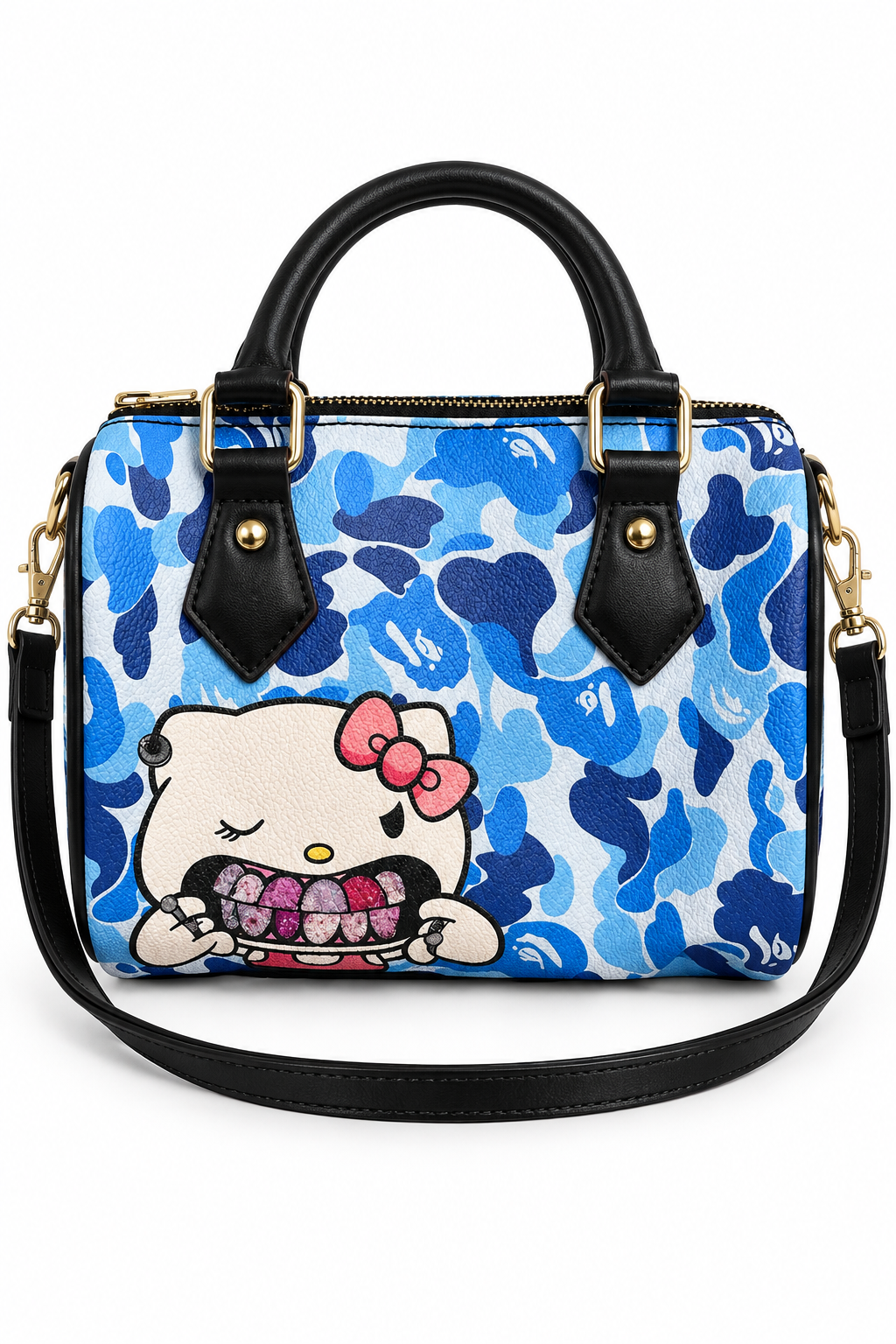 Edited front view of blue camouflage grin pillow bag with digitally added black shoulder strap on white background