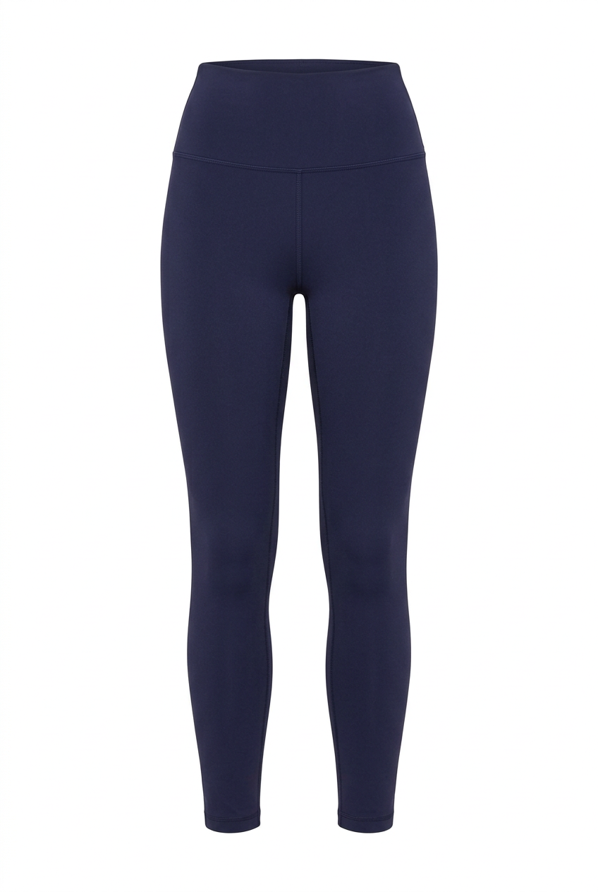 Front view of navy high-rise leggings on a white background