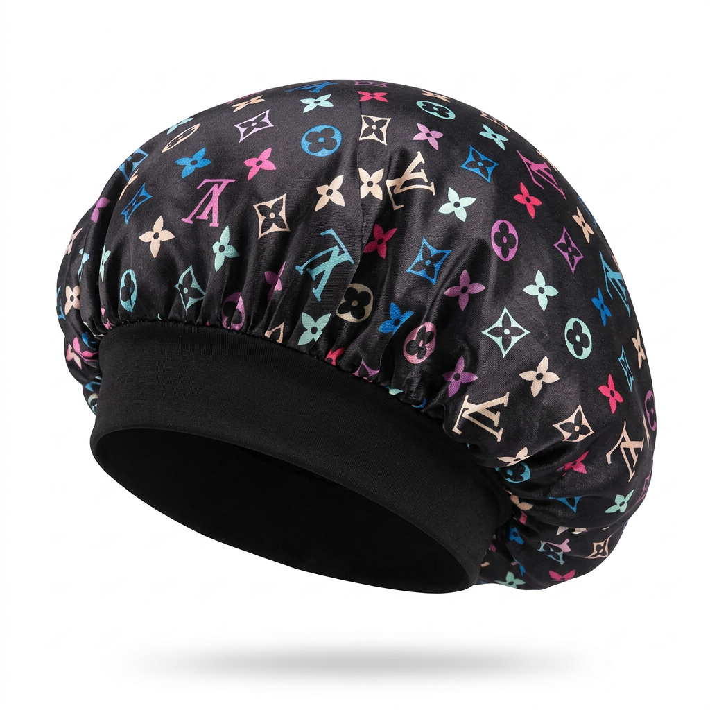 Black multicolor monogram hair bonnet with solid black headband on a white background