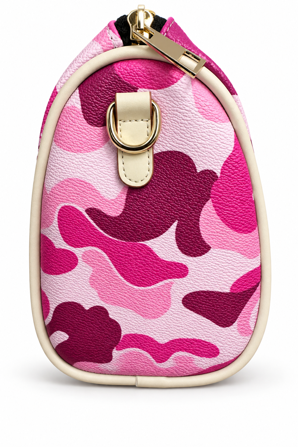 Edited side view of pink camouflage pillow bag with cream trim on white background