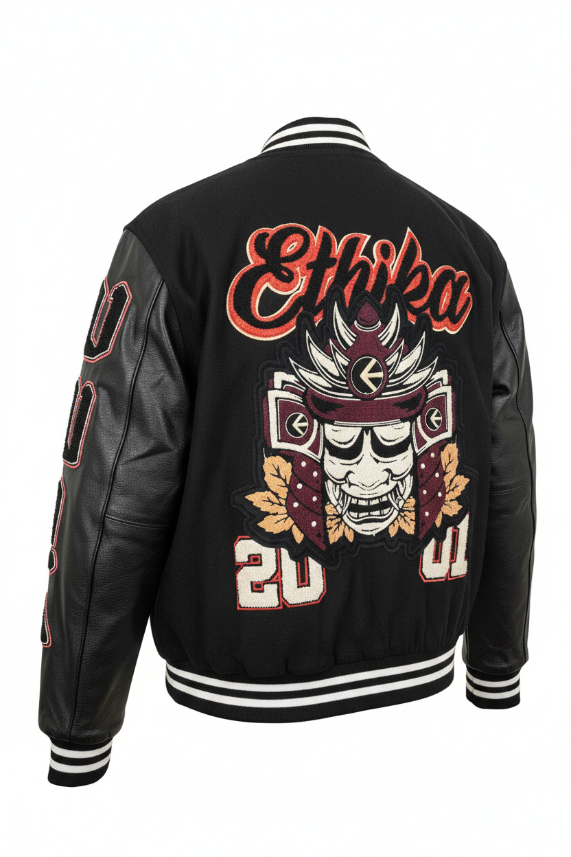 Ethika Men's Varsity Jacket Black Orange Multi back view ghost mannequin