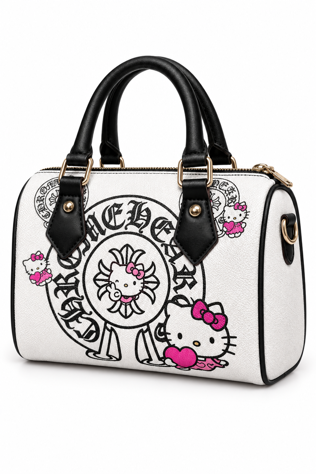 Digitally created three-quarter view of white graphic pillow bag; lettering may differ from original
