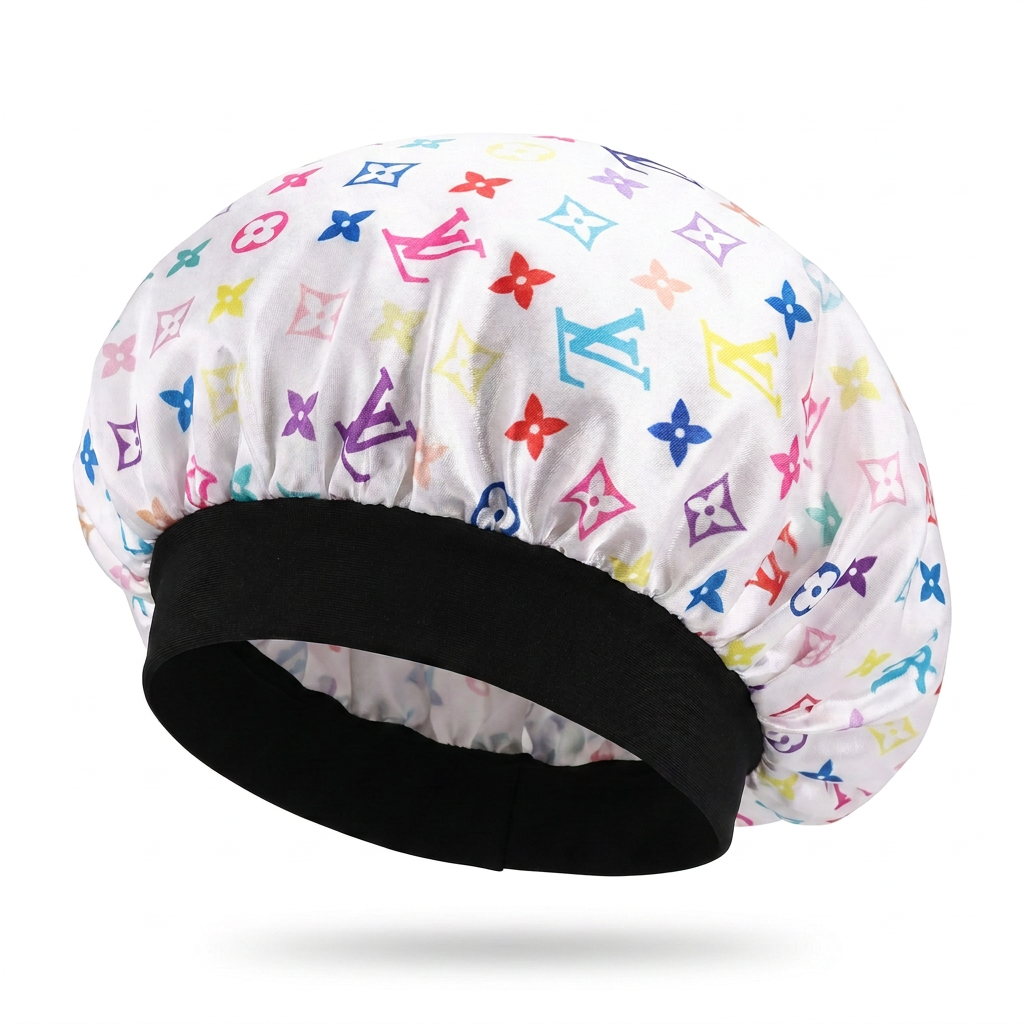 White multicolor monogram hair bonnet with a wide black band on a white background