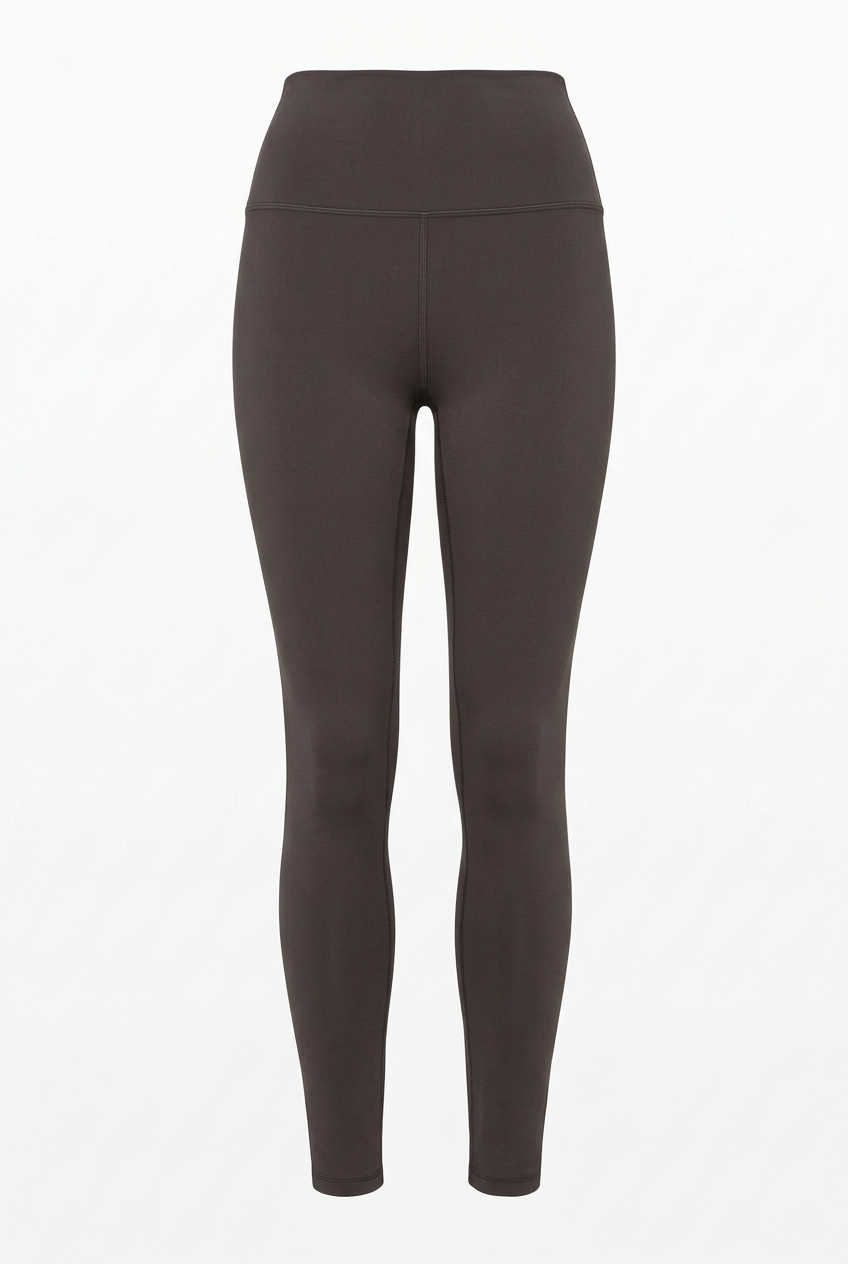Front view of gray high-rise leggings on a ghost mannequin against a white background