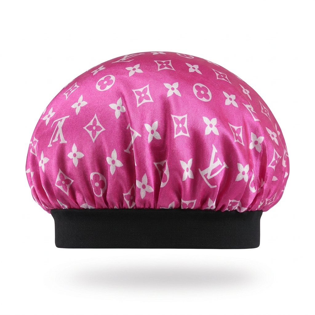 Side view of pink monogram hair bonnet with black band on white background