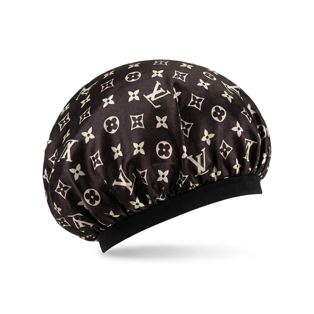 Side view of dark monogram hair bonnet on a white background