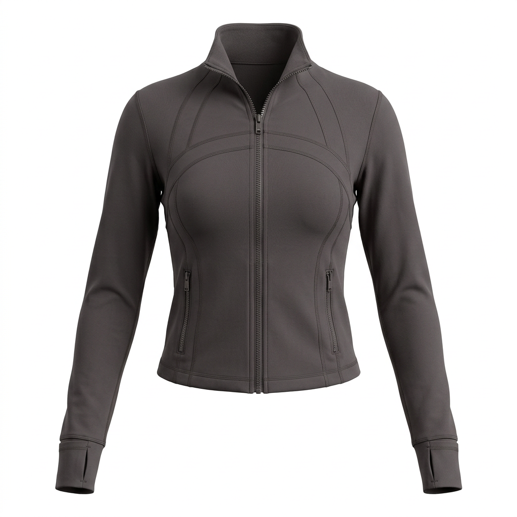 Front view of gray cropped zip jacket on a ghost mannequin against a white background