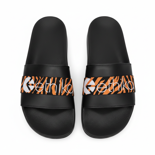 Ethika Orange Tiger Black Premium Slides front view on white background