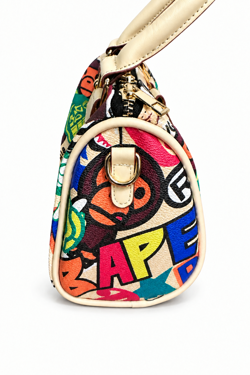 Side view of colorful graphic handbag with unwrapped handles on white background