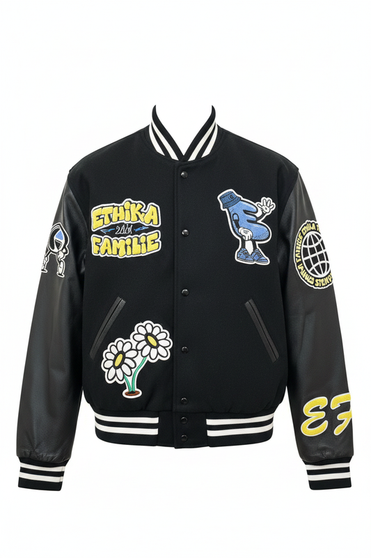 Ethika Famille Men's Varsity Jacket front view ghost mannequin