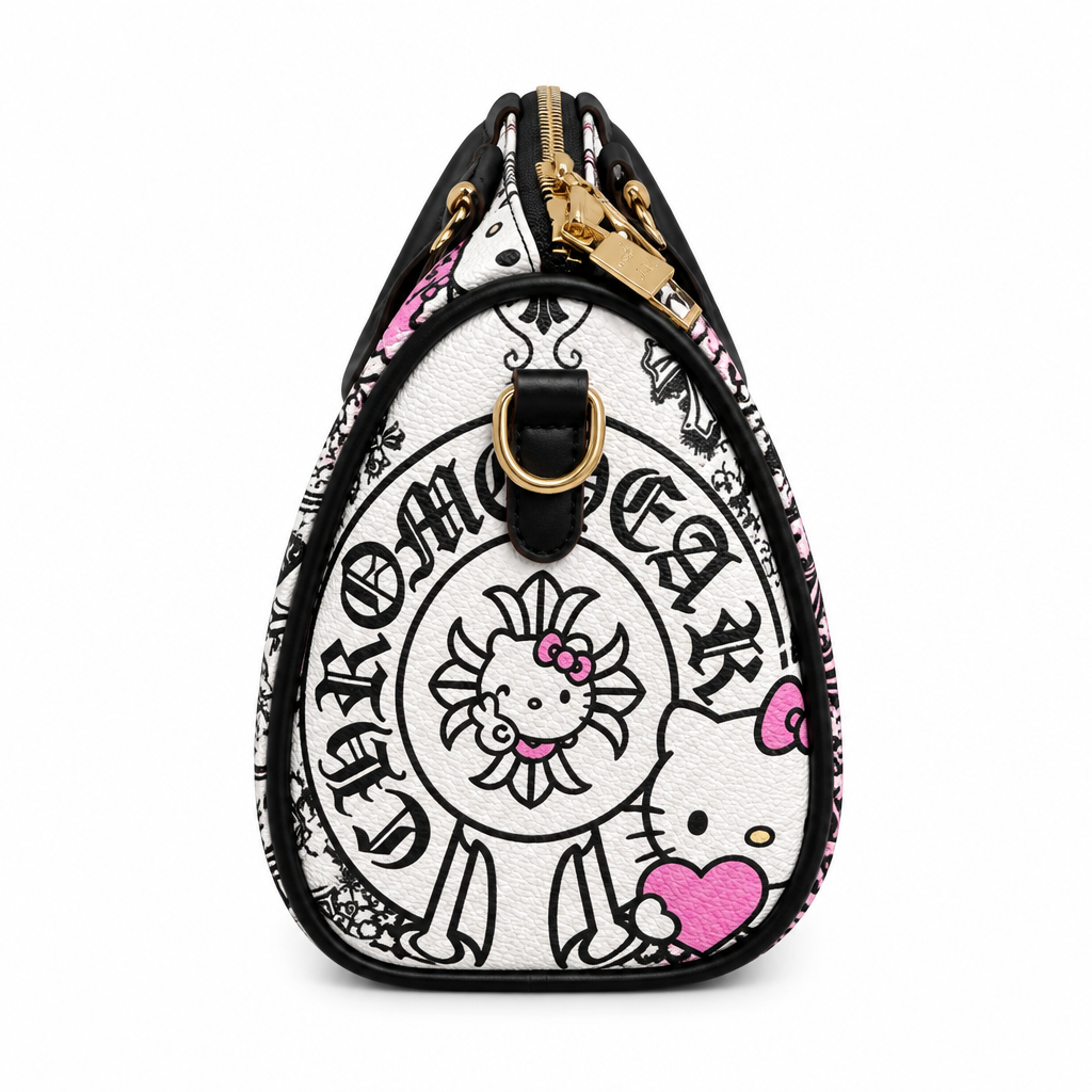 Digitally edited side view of graphic pillow bag on white background