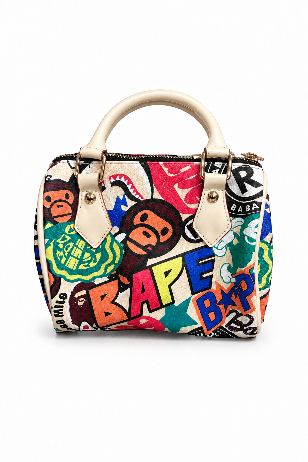 Front view of colorful graphic handbag with unwrapped handles on white background